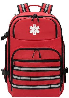 Gcoygip Erste-Hilfe-Rucksack, leer, medizinischer Notfall-Rucksack, mit reflektierenden Streifen, für Camping, Wandern, Kindertagesstätte, Outdoor, Rot (nur Tasche)