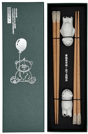 Sushi Essstäbchen Set Bär 2 Paar inklusive Keramik-Unterleger Bear Premium Holz Nachhaltig Japanisch Chinesisch Koreanisch Taiwanesisch