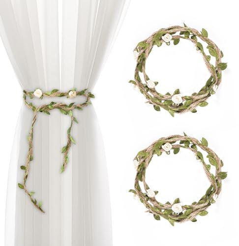 2 Pezzi Fermatenda, Cordini per Tende a Fiori, Corde Fermagli Tende in Cotone Naturale per Casa o L'esterno Decorazione (Rosa Bianca)