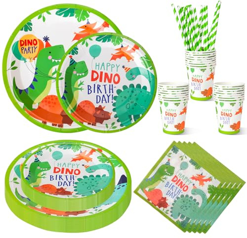 CSYY Partygeschirr Kindergeburtstag, 120 PCS Teiliges Dinosaurier Geburtstags Geschirr Set für 24 Gäste Bunt Pappteller Pappbecher Servietten Strohhalme