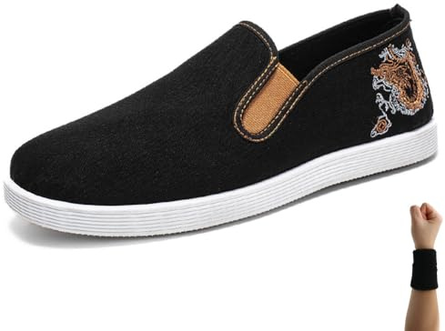 Dee Plus Kung Fu Schuhe, Tai Chi Bestickte Schuhe Kampfsportschuhe Damen Herren Tai Chi Slippers, Chinesische Traditionelle Peking-Stil, Gummisohle Unisex Schwarz (Goldener Drache,44)