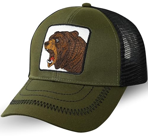 EXPRESS-STICKEREI Gorra de camionero con oso pardo – The Farm – Gorra de malla ajustable Gorra deportiva Urban Basecap – Brown Bear Gorra de béisbol con cierre – Talla única, verde, Talla única
