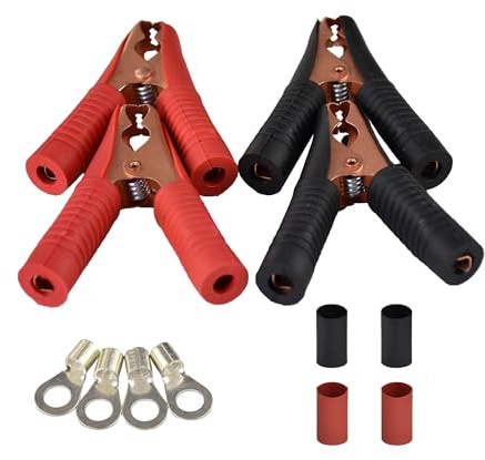 Heavy Duty Alligator Clips Clamps 2 Pairs (4 pcs), car Battery clamp on Socket Adaptor, Jump Lead Clamps with 4pcs Installing terminals and Shrinking Tubes Ideal for 4/6/8 Gauge Cables (100A)