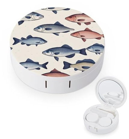 JTREWBV Boîte à lentilles de contact de voyage portable, étui rond coloré imprimé poisson, kit d'outils de retrait de contact oculaire compact pour voyage et maison, blanc, Taille unique, Étui pour