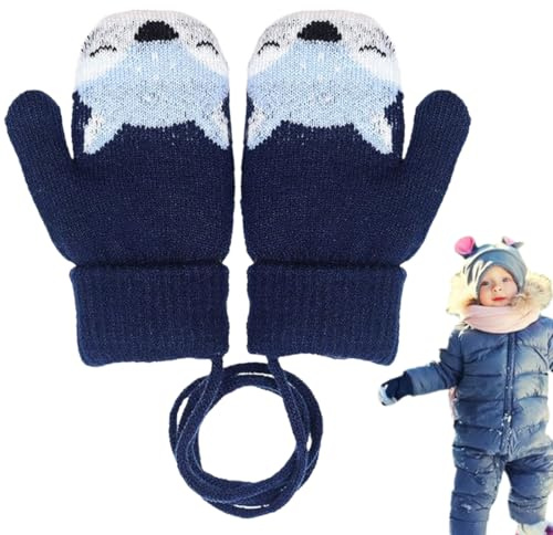 GXGM Baby Handschuhe, Süße Fäustlinge Baby Kleinkind Gestrickte Handschuhe für 1 2 3 4 5 6 Jahre Jungen Mädchen Winter Warme Strickhandschuhe mit schnur Fleece-Innenfutter, Marineblau, 1 Paar