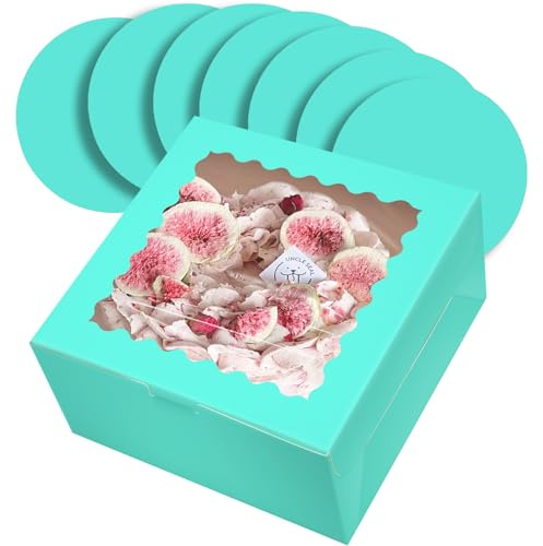 Gcardist Caja para tartas de 10 x 10 x 5 pulgada, 5 juegos de cajas de pastel azul menta con ventana y 5 juegos de tablas redondas de 10 pulgadas, recipiente para tartas
