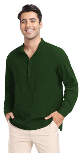 Algodón Lino Verano Camisa de Manga Larga para Hombre Hombre Casual Playa Camisa Camisa de Lino Henley Shirt