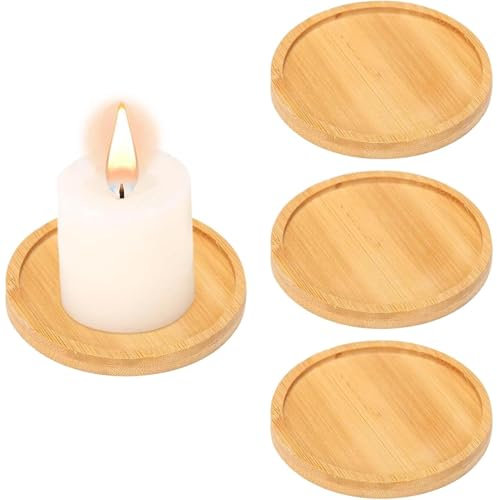 RODISHOMM Lot de 4 bougeoirs en bambou pour bougies piliers, assiettes rondes, assiettes décoratives pour salon, bougeoirs et dessous de verre