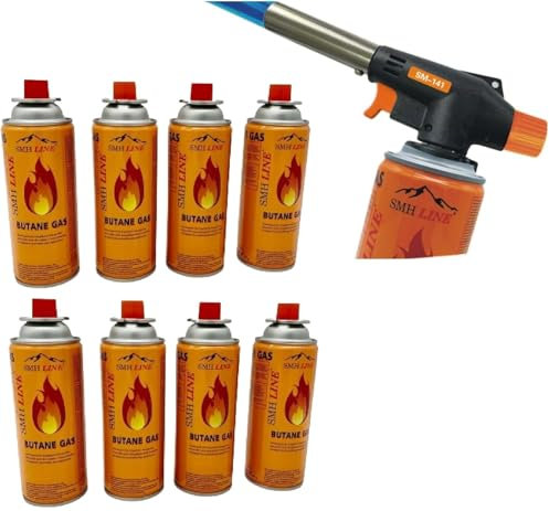 SMH LINE® Gasbrenner inkl. 8x Gaskartuschen 227g Küche Lötlampe Bunsenbrenner 1300°C Lötbrenner Brenneraufsatz Flambiergerät Piezozündung Schweißbrenner (Gasbrenner mit 8x gas)
