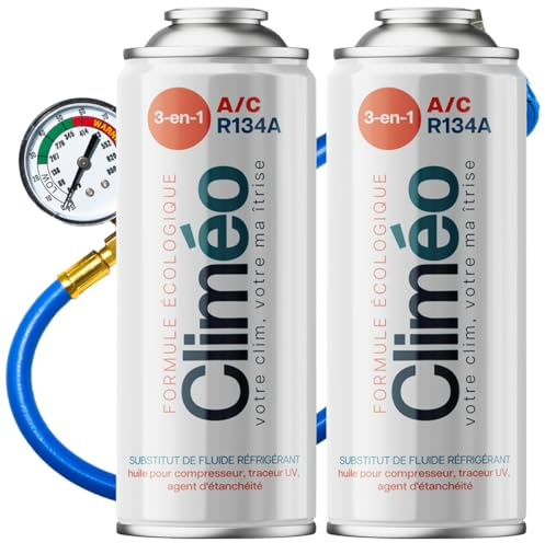 CLIMÉO 3-i-1 köldmedelsersättning R134a R12 påfyllningsset – luftkonditionering själv fylla och vänta – Motsvarar 625 g R134a – Tätningsmedel och olja – personbil stopp läckage och underhåll