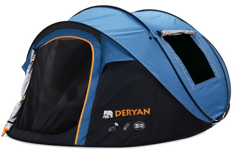 DERYAN Tienda de campaña desplegable para 4 personas, resistente al agua hasta 2000 mm, con costuras selladas y lona de suelo extra gruesa, se monta y se pliega en 2 segundos, incluye estacas de