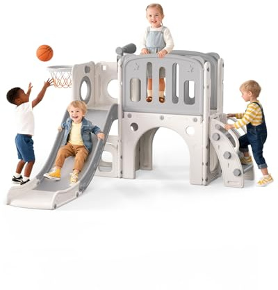hoopyosms Kinder Rutsche mit Kletterleiter, Tunnel, Basketballkorb & Teleskop, Indoor- und Outdoor-Montessori-Spielset zur Förderung von Motorik & Gleichgewicht für Kleinkinder, Weiß & Grau