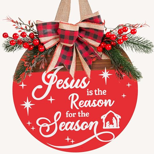 Christmas Wreaths Door Sign Jesus is The Reason for The Season Sign, Rustic Wooden Religious Christmas Door Decor for Porch, Wall, Indoor Outdoor (Christmas Door Sign-B)
