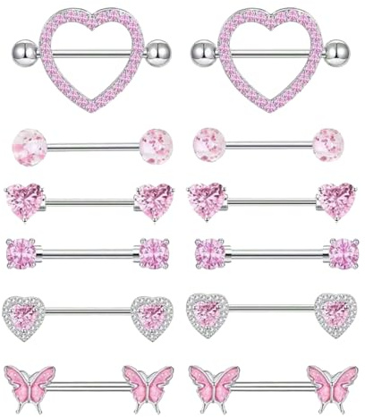 Wailike 6 Paar 14G Nippelringe Edelstahl Pink Herz Schmetterling Strass Zungenpiercings Set für Frauen