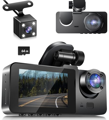 1080P Dashcam Voiture Avant et Arrière, 170° Grand Angle 3 Canaux avec Fil, SD 64GB Inclus, Vision Nocturne & Étanche, Enregistrement en Boucle 24H, G-Sensor