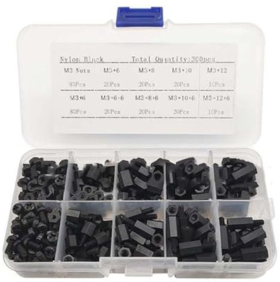 Helilyco Sechskant-Abstandshalter und Schrauben, Nylon, 3 mm, für Leiterplatten-Abstandsbolzen, isolierendes Motherboard-Montageset mit Aufbewahrungsbox, Schwarz, 300 Stück