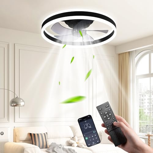 Couleeur 50cm Modern Ceiling Fans with Lights, Smart LED Ceiling Fan Light, 6 Speed & 3000K-6500K Stepless Dimmable Quiet Fan Ceiling Lights Flush Mount for Bedroom Living Room Dining Room, Black