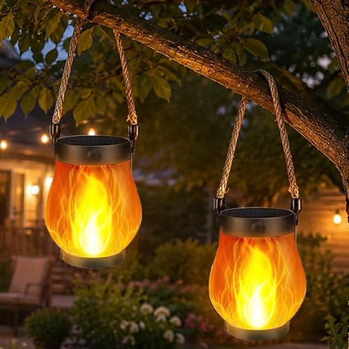 SKJJM Flammen-Solarlaterne, 2 Stück Solar Laternen für Draußen mit Realistische Flammeneffekte, 1500 mAh, 2-in-1 Solarladung und USB Wiederaufladbar, IP65 Wasserdicht Solarlaterne für Außen Hof Balkon