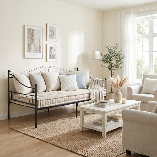 Daybed Outdoor Sofa Bett Metallbett Bettgestell für 90x190CM Matratze, Familienbett Gästebett Couchbett Sofabed Tagesbett Jugendbett Einzelbett für Schlafzimmer/Wohnzimmer/Veranda/Hinterhof/Schwarz/A