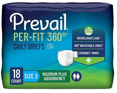 Prevail Per-Fit 360 Daily Incontinence Briefs, Unisex Adult Incontinence Briefs with Tabs, Maximum Plus Absorbency, Size 2, 72 Count (4 Packs of 18)