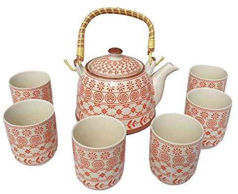 Herbal Tea Pot Set with Strainer in The lid and six Matching Cups in a Gift Box (Amber)