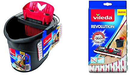 Vileda Revolution Sistema Lavapavimenti con Secchio, Strizzatore e Piastra, con 1 Panno in Microfibra, Ferro, Nero/Rosso & Revolution Microfibra 2 in 1, Panno Ricambio, Bianco
