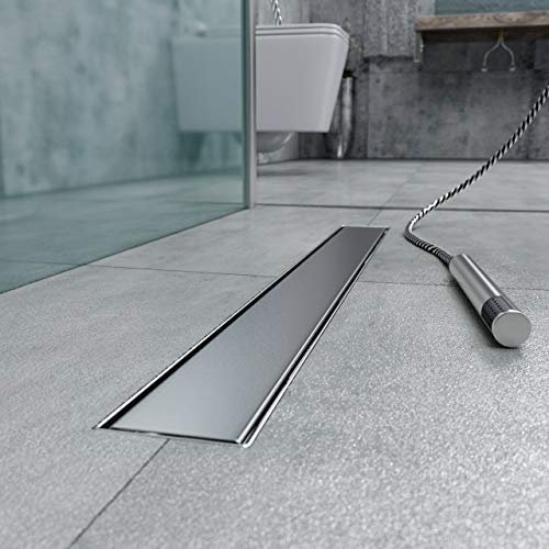 Duschrinne h-g17-1100, Siphon mit Geruchsstop und Haarsieb, Randablauf, Größen 30cm - 120cm, Edelstahl Ablaufrinne, Bodenablauf, Duschablauf sehr flach, Komplettset mit Bodenbefestigung Flat 110cm