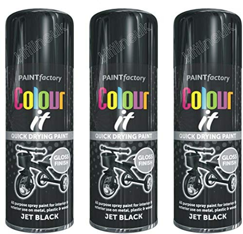 HitlineUK 3 x BLACK SPRAY PAINT GLOSS 400ML AEROSOL SPRAY CAN QUICK DRYING PLASTIC METAL COLOUR IT