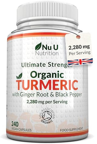 Organic Turmeric Ginger & Black Pepper 2280mg - 240 Vegan Capsules not Tablets - High Strength Tumeric Curcumin - Joints Herbal Supplement for Men and Women - Made in The UK - Nu U Nutrition