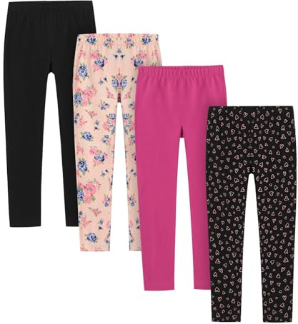 LAPASA Leggings Fille Lot de 4 Uni & à Motifs Collants 3-13 Ans Extensible Doux Danse Gym G11 Noir, Fleurs A, Rose, Coeurs Roses 11-12 Ans