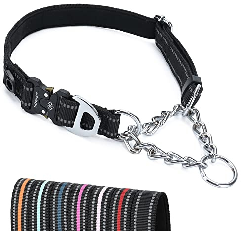 JIPIMON Martingale Collar for Dogs, Reflective Stainless Steel Chain Safety Adjustable Martingale Collar for Small Medium Large Dogs (Large, Black)