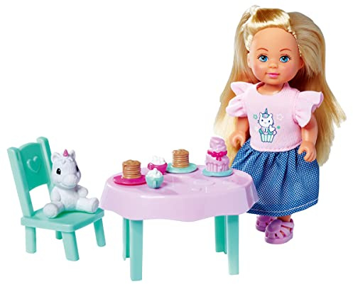 Simba 105733600 - Evi Love Cake Time, 12cm Spielpuppe, mit Kuscheltiere, Kaffee Trinken und Kuchen Essen am Tisch, ab 3 Jahren