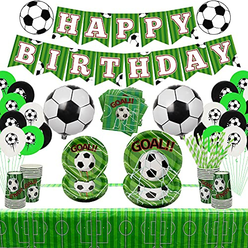 Fussball Geburtstag Deko Partygeschirr Set -Einschließlich Banner , Teller , Dessertteller, Tassen, Servietten, Tischdecken, Strohhalme, für Geburtstag Junge Fussball Mottoparty für 20 Personen