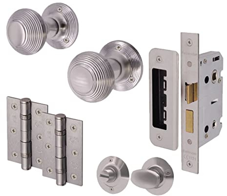 EAI Satin Chrome Door Knobs with Bathroom Lock 80mm and Hinges - Beehive | Complete Bathroom Kit with 1 Pair of Beehive Mortice 55mm Door Knobs, 80mm Bathroom Lock, 76mm Hinges, Fixings Included