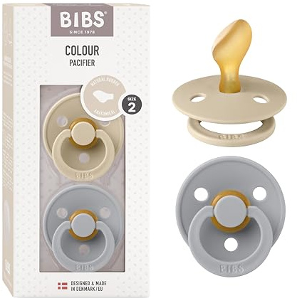 BIBS Colour Anatomical Soother 2-Pack, BPA Free Dummy Pacifier, Orthodontic Nipple. Natural Rubber Latex, Made in Denmark. 6-18 Months (Pack of 2), Vanilla/Cloud