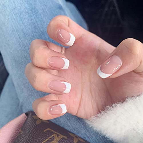 MouYou Press on Nails Kurz,Square Nude Fake Nails Full Cover Kunstnägel mit Nagelkleber,Eckig Babyboomer French White Tip Weiß Acryl Künstliche Fingernägel für Frauen & Mädchen … …