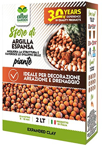 Albagarden - Argilla Espansa Per Piante In Vaso E Giardino - 2 Litri - Sfere Per Piante In Argilla Per Drenaggio - Prodotto Inerte Per Idrocoltura E Idroponica - Sfere di 8-16 mm