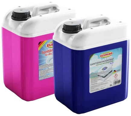 Sanitetsvätskeset 2 x 5 liter blå och disktank för campingtoaletter för färsk- och avloppstank, kemiska toaletter, tillsats, camping, toalett, sköljvattentank, sanitetskoncentrat campingtoalett, avloppstank