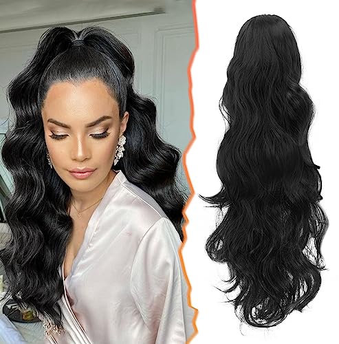 BARSDAR Claw Ponytail Extension, Wavy Claw Clip in Ponytail Hair Extensions Long Curly Ponytail Extension for Women Synthetic Fluffy Hairpiece for Daily Use Party(20'', Off Black)