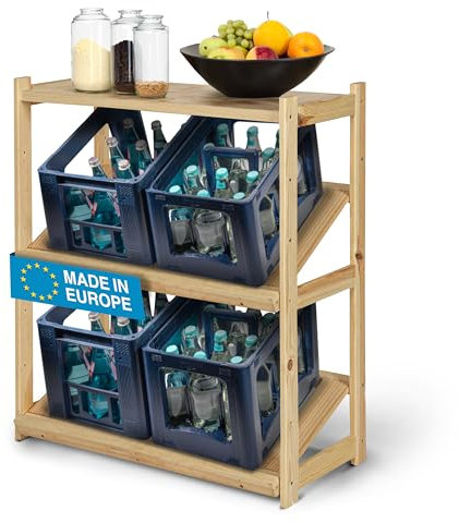 RELLINGER® Getränkekistenregal für 4 Kisten [GEEIGNET FÜR ALLE KISTENSORTEN] - inkl. zusätzlicher Ablage - Getränkeregal aus zertifizierten Holz - Standfestes & Sicheres Kistenregal (Mit Ablage)