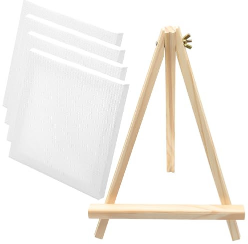 Leinwand zum Malen, 4 Stück, blanko, gerahmt, 100 % Baumwolle, vorgespannte Künstlerleinwände, Tafeln für Öl- oder Acrylmalerei, mit 1 Staffelei (20 x 20 cm)