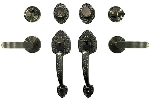 LOCKSET4U NOMA Double Front Door Hardware Set, Grip Entry Door Lock Set with Lever Handle and deadbolt, Antique Brass