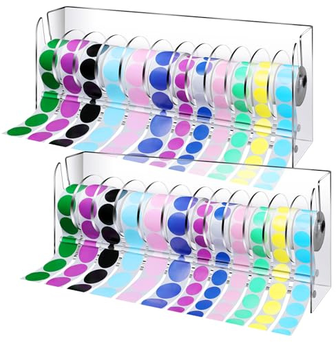 FoldTier 2 Pcs Adjustable Label Dispenser Sticker Roll Holder Sticker Dispenser Clear Label Roll Holder Acrylic Tape Decal Container Organizer Tape Stand for Office Home Desktop(12 Disks)