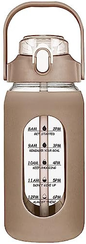 Oikabio Bouteilles d'eau en verre de 1,9 l avec paille, bouteille en verre avec manchon en silicone et marqueur de temps, pour salle de sport, maison, bureau - Marron