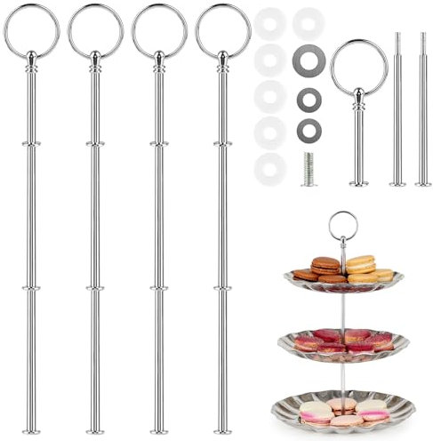 Aubess 4 Pack Cake Stand Rods Set, 3 Tier Cake Stands, Silver Cake Stand Kit, Metal Rods Centre Hole Cutter with Screws and Washers for Fruit Tray, Snack Plate