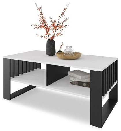 Meble Pitus Couchtisch Weiß – Moderner Wohnzimmertisch 90x50x50 cm mit Stauraum & Lamellen-Design