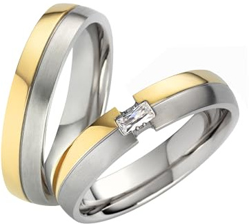 PaarPartnerringe & Eheringe aus Edelstahl 316L – 5 mm Trauringe matt/poliert mit PVD Gold & Zirkonia, Hochzeitsringe Größe 48-74 mit Gravur im Etui | 2044