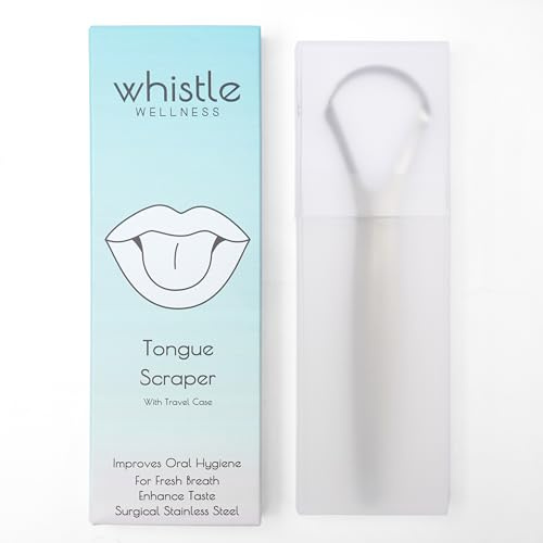Whistle Wellness™ Tongue Scraper with Case, Tongue Cleaner Cure Bad Breath, Tongue Cleaners Stainless Steel, Metal Tongue Scrapers for Adults Fresher Breath in Seconds