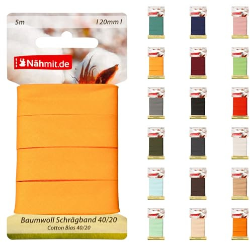 Nähmit 5m Karte Baumwoll Schrägband, 100% Baumwolle 20mm Breit - 40/20 vorgebügeltes Schrägband (A05-Maisgelb, 5m Karte)