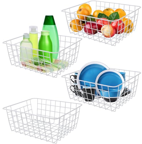 Abaigeal 4PCS Wire Storage Baskets, White Metal Wire Basket, Small Metal Basket for Pantry, Wire Freezer Storage Baskets with Handle for Home, Office, Kitchen, Bathroom (28x22x12cm)